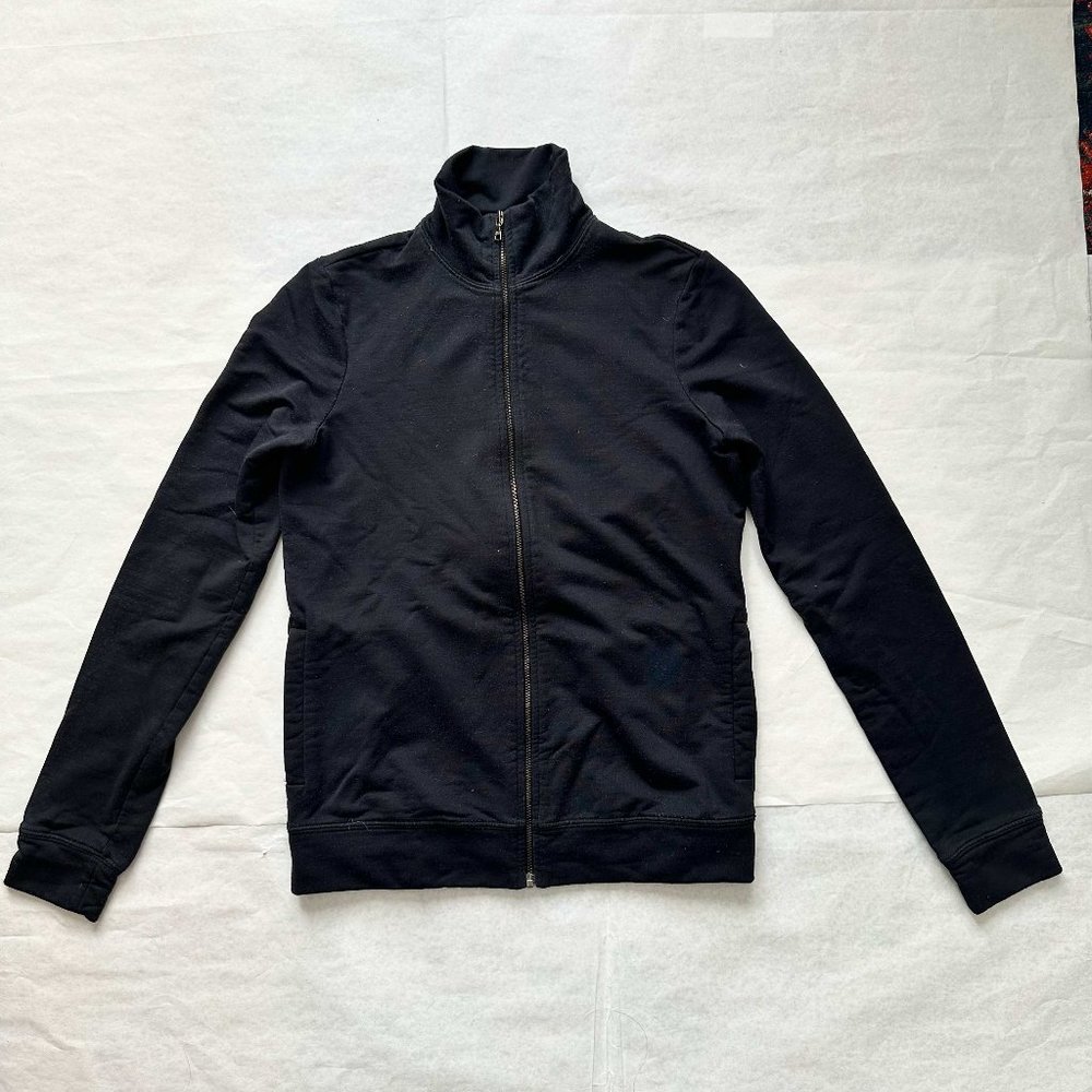 Minimalist black THEORY track jacket mock/high collar Sz P
